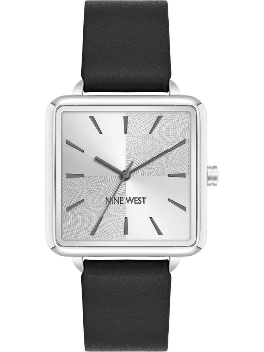 Nine West Women's Black And Silver Analog Quartz Faux Leather Strap Square Watch